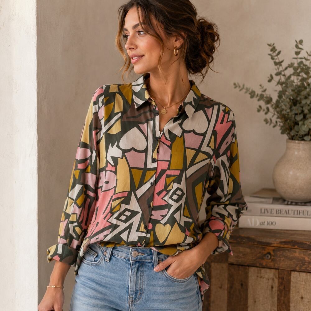 Big Dart Button-Up Blouse Women's Shirt M Abstract Multicolor Maximalist Casual
